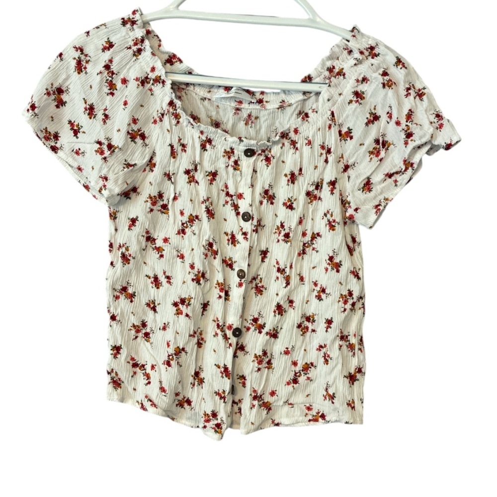 Modern attraction floral off-the-shoulder smocked blouse, peasant, rayon, Small